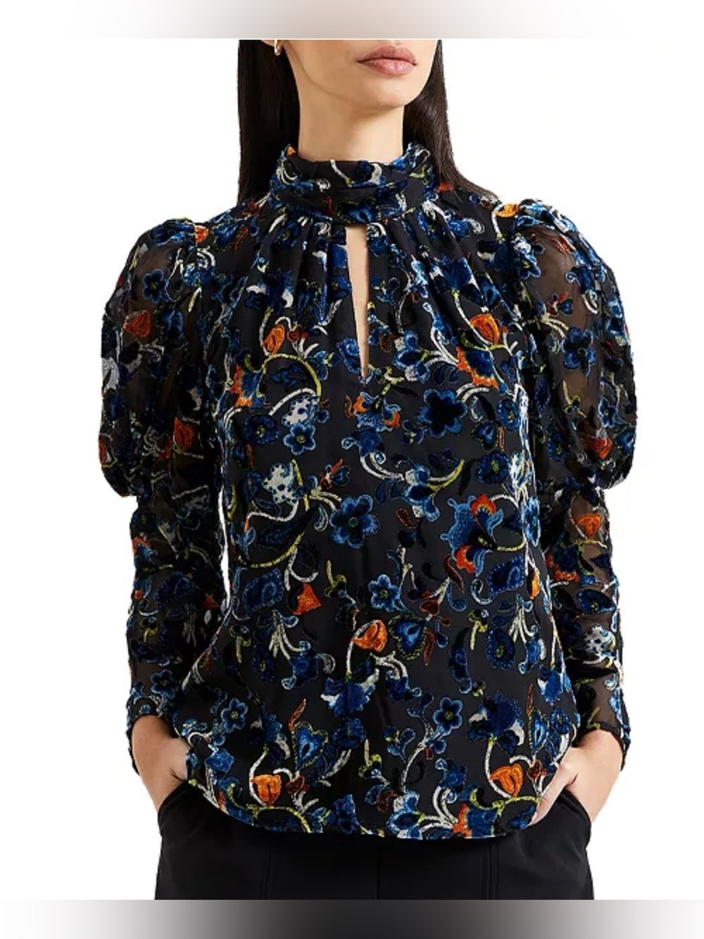 French Connection Avery Velvet Burnout Floral Mock Neck Blouse Size M AA34